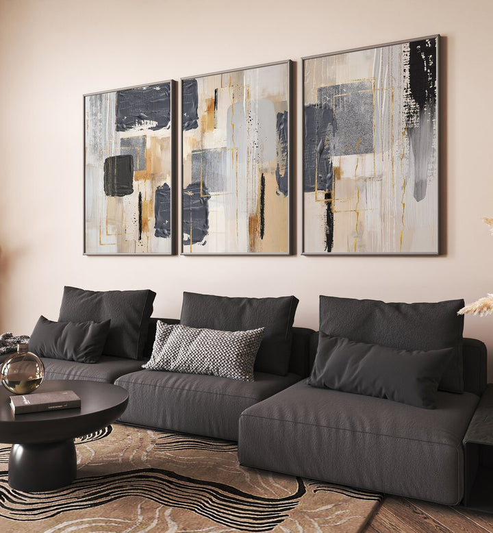 Elevate your decor with the ASHEN BALANCE SET, SET OF 3 PAINTINGS in soothing ash gray hues. Perfect for any space.