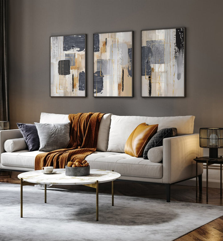 Elevate your decor with the ASHEN BALANCE SET, SET OF 3 PAINTINGS in serene ash gray hues, perfect for any living space.