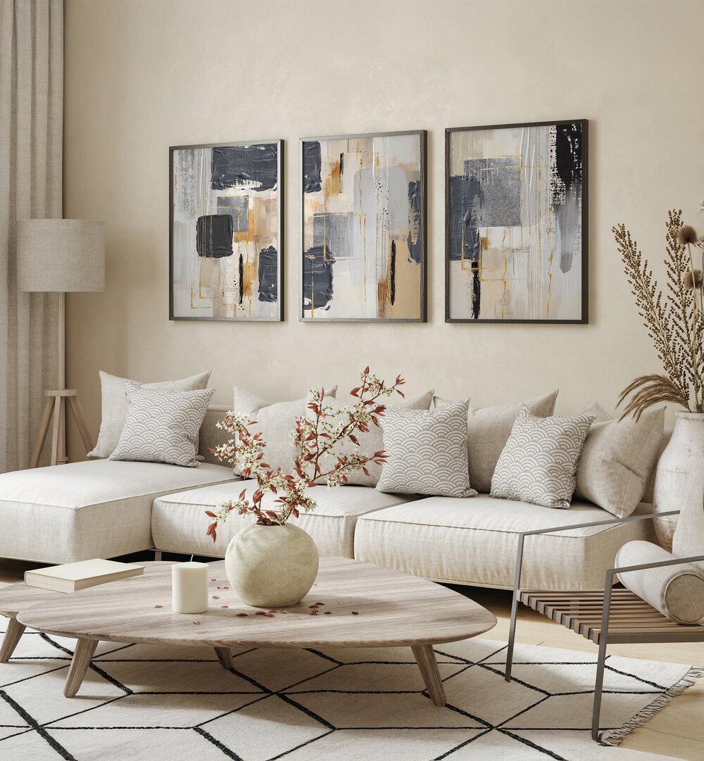Enhance your decor with the ASHEN BALANCE SET, SET OF 3 PAINTINGS, showcasing serene ash gray hues.