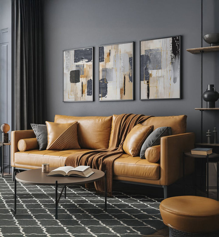 Elevate your decor with the ASHEN BALANCE SET, SET OF 3 PAINTINGS, featuring serene ash gray hues.