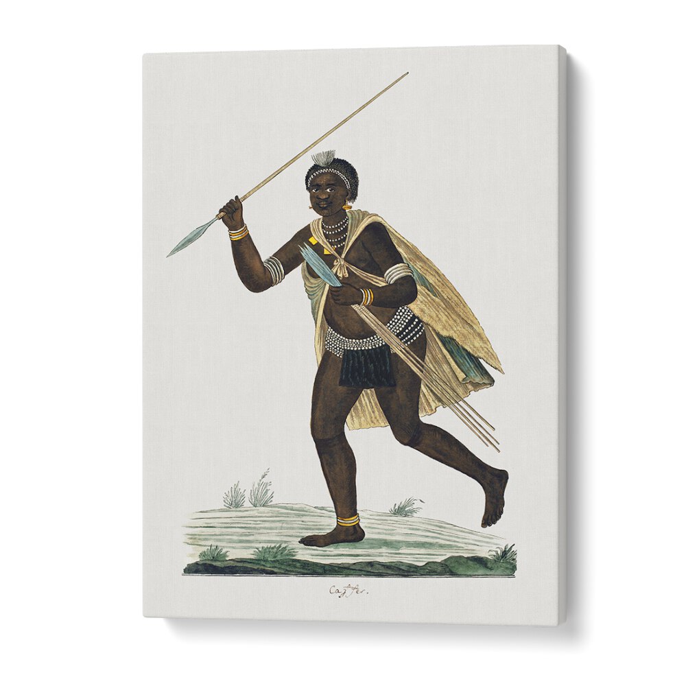Dynamic depiction of a warrior, showcasing ASSEGAIS, AFRICAN ART PAINTINGS that celebrate African heritage.