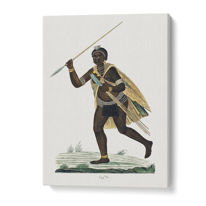 Dynamic depiction of a warrior, showcasing ASSEGAIS, AFRICAN ART PAINTINGS that celebrate African heritage.
