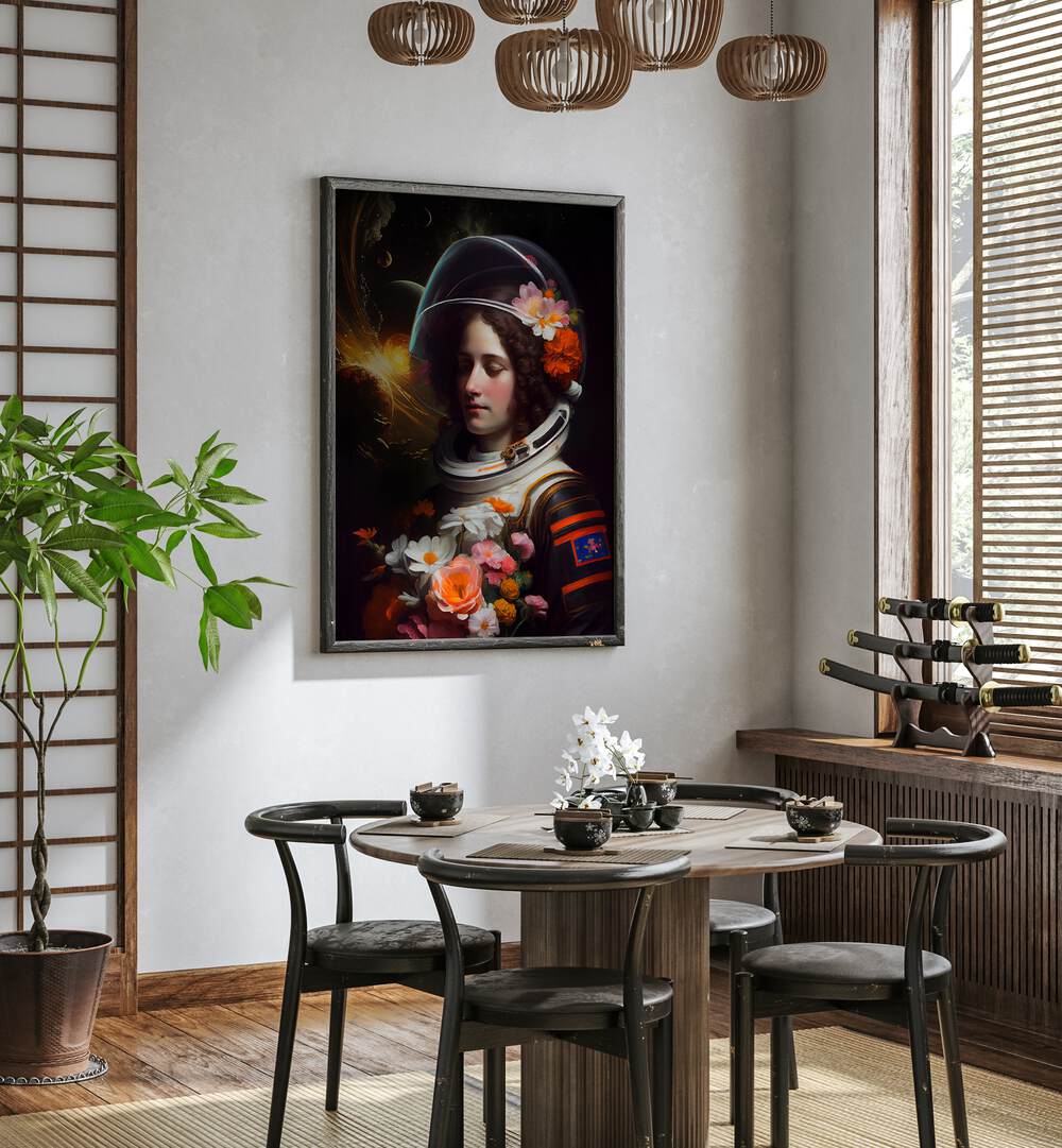 ASTRONAUT BEAUTY, ALTERED ART PRINTS by Dikhotomy, showcasing a cosmic-themed portrait that enhances any space.