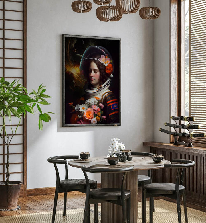ASTRONAUT BEAUTY, ALTERED ART PRINTS by Dikhotomy, showcasing a cosmic-themed portrait that enhances any space.