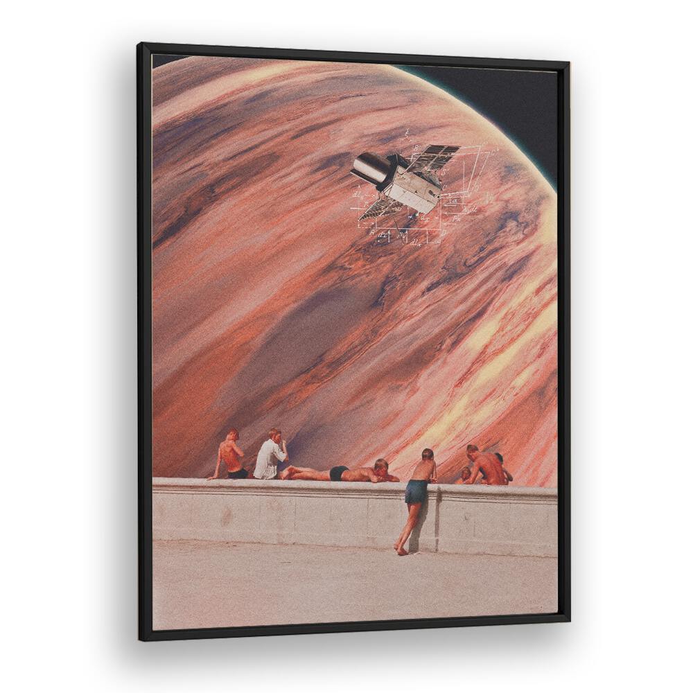 ASTRONOMIA, SURREAL ART PRINTS showcases a vibrant cosmic scene with figures enjoying a surreal landscape, perfect for decor.