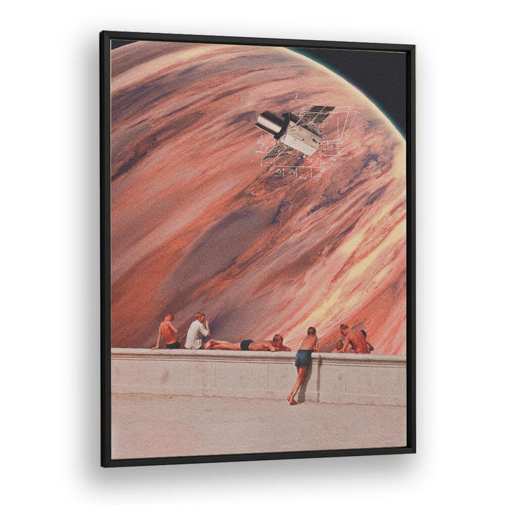 ASTRONOMIA, SURREAL ART PRINTS showcases a vibrant cosmic scene with figures enjoying a surreal landscape, perfect for decor.