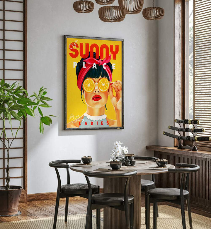 Bright and stylish "A SUNNY PLACE , BAR" art piece, featuring vintage elegance and playful allure for a trendy cafe.