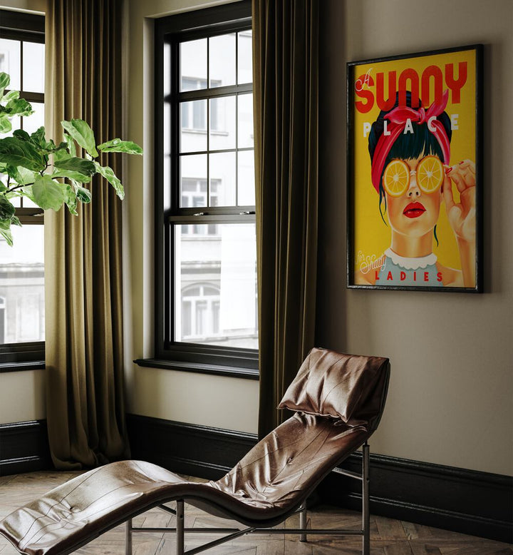 Colorful vintage illustration of "A Sunny Place for Shady Ladies" adorning a stylish cafe, ideal for A SUNNY PLACE, BAR.