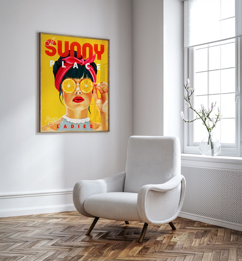 Vibrant "A SUNNY PLACE , BAR" artwork featuring a stylish pinup, perfect for vintage decor enthusiasts.