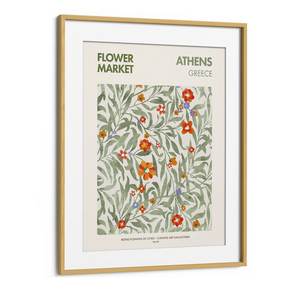 Captivating ATHENS - FLOWERMARKET, FLORAL FLOWER PAINTINGS by Emel Tunaboylu in a stylish oak frame.