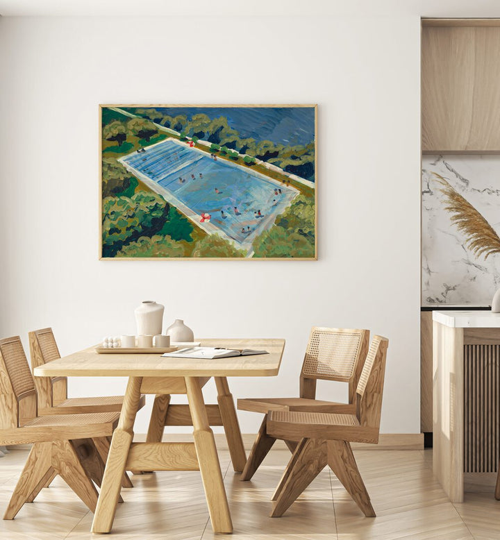 Vibrant AUSTIN DEEP SWIMMING POOL, LANDSCAPE PAINTINGS enhancing a modern dining space with artistic charm.