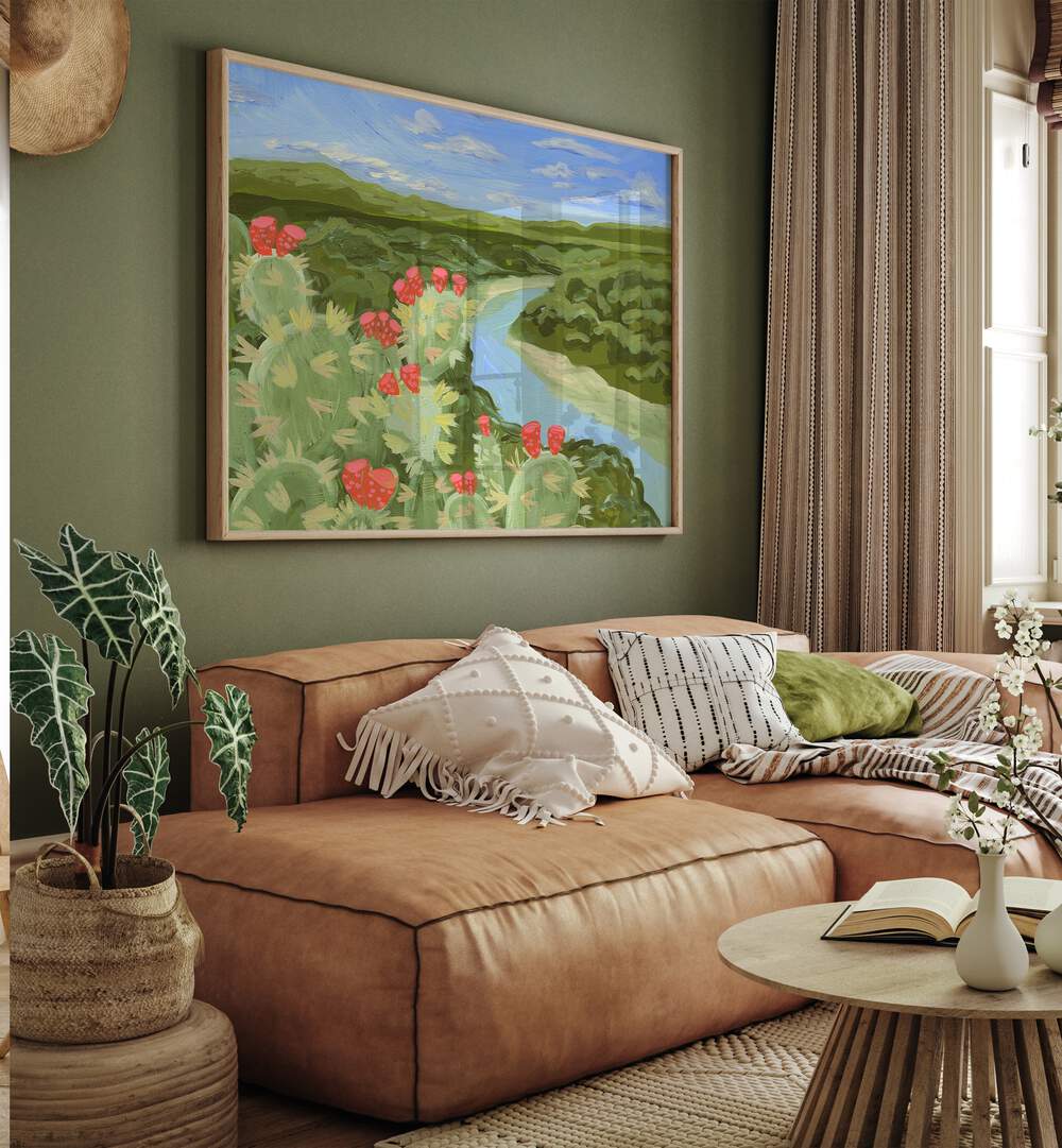 Vibrant AUSTIN HILL, LANDSCAPE PAINTINGS adorn a cozy living room, showcasing serene nature and tranquility.