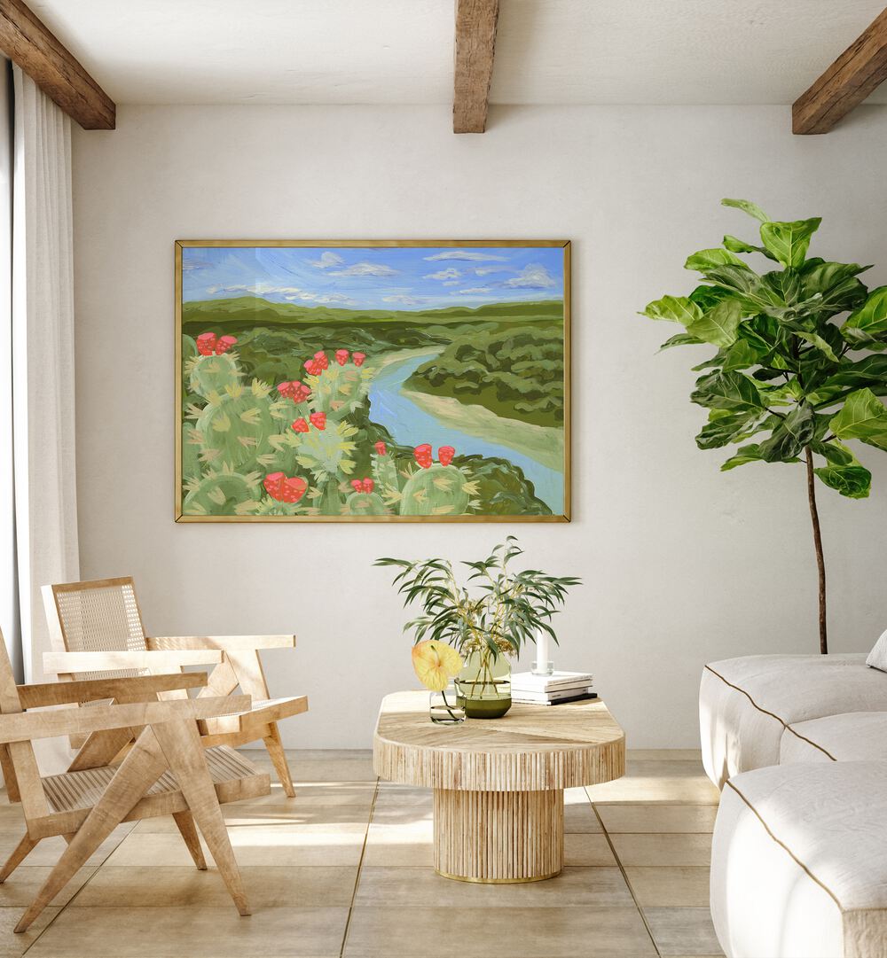 AUSTIN HILL, LANDSCAPE PAINTINGS adorn a modern living space, showcasing vibrant nature and serene beauty.