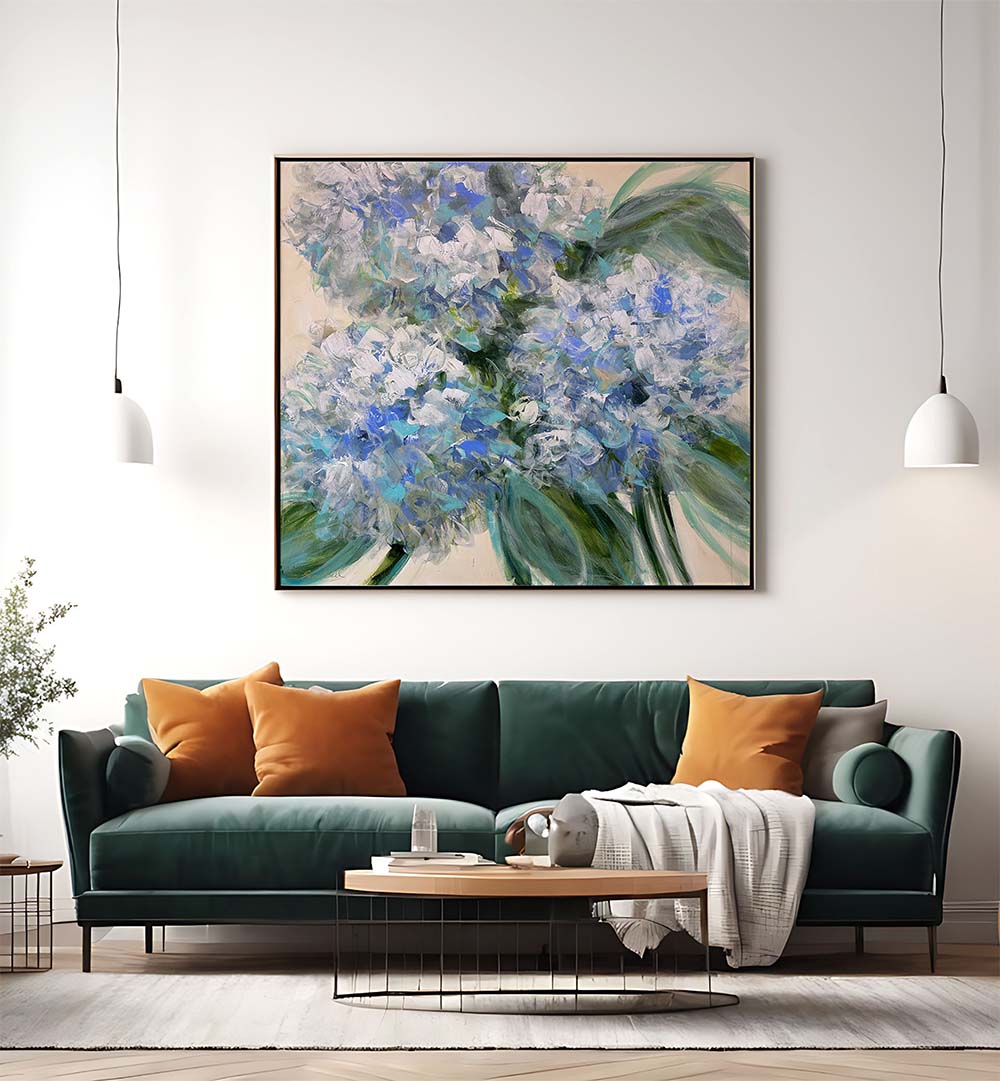 Elevate your decor with AZURE BLOOM, FLORAL FLOWER PAINTINGS featuring vibrant blue floral brushstrokes.