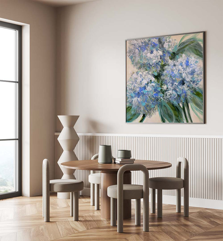Stunning AZURE BLOOM, FLORAL FLOWER PAINTINGS enhance modern spaces with vibrant abstract floral artistry.