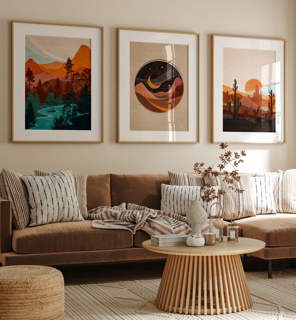 Transform your space with the ABSTRACT LANDSCAPE, SET OF 3 PAINTINGS featuring stunning mountain and celestial themes.
