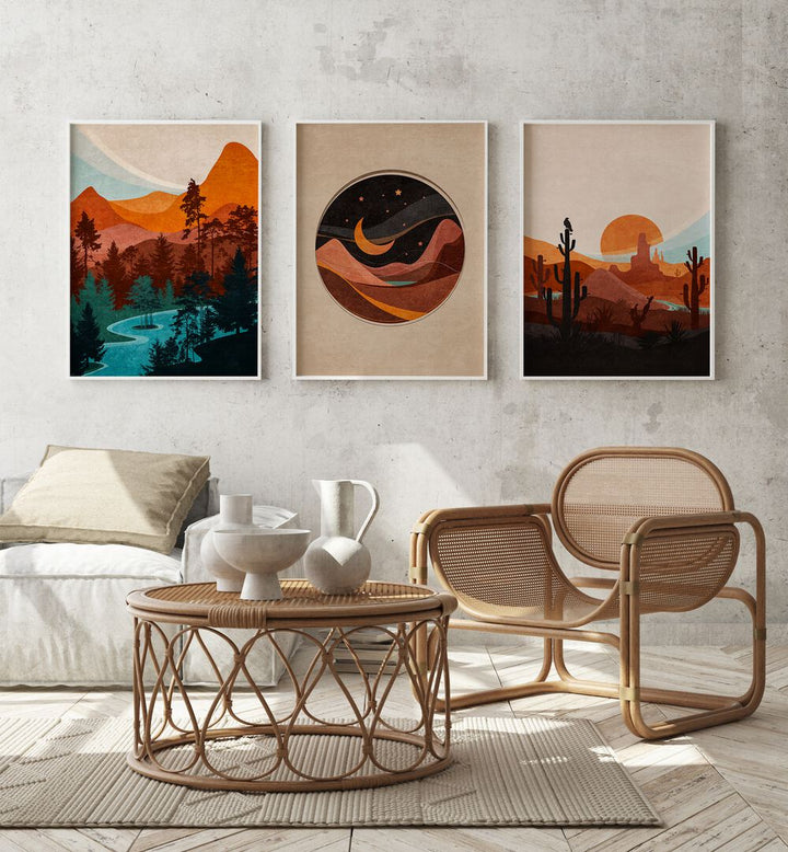 Transform your space with the ABSTRACT LANDSCAPE, SET OF 3 PAINTINGS featuring vibrant mountain and celestial themes.