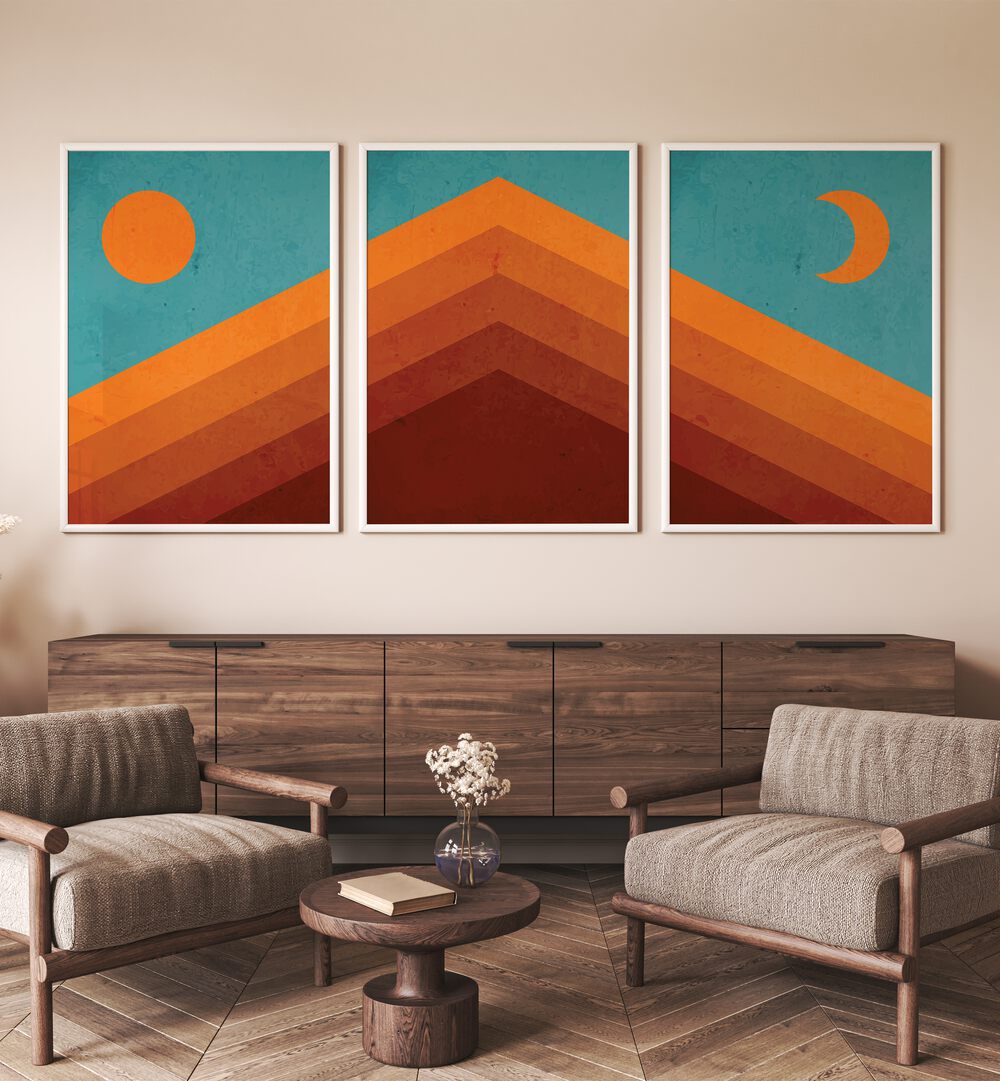 Transform your home decor with ABSTRACT MOUNTAIN SUNRISE, SET OF 3 PAINTINGS featuring modern, vibrant designs.