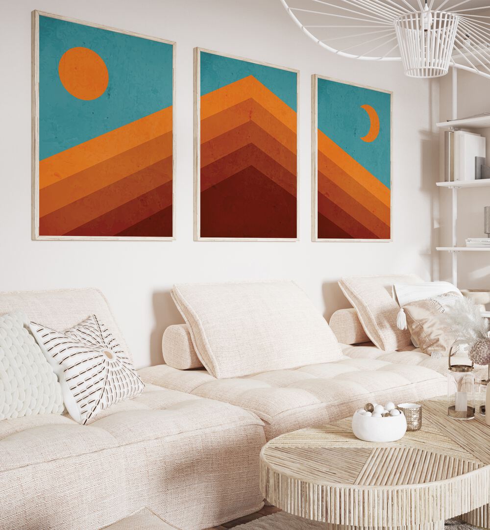 Bright and colorful ABSTRACT MOUNTAIN SUNRISE, SET OF 3 PAINTINGS enhancing modern home decor with nature's beauty.