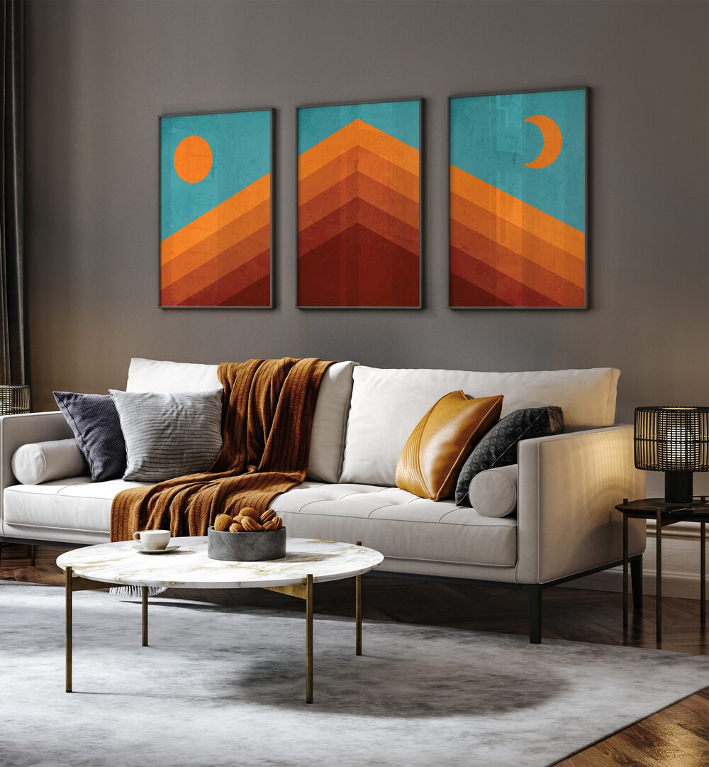 Transform your space with the ABSTRACT MOUNTAIN SUNRISE, SET OF 3 PAINTINGS, showcasing modern artistic beauty.