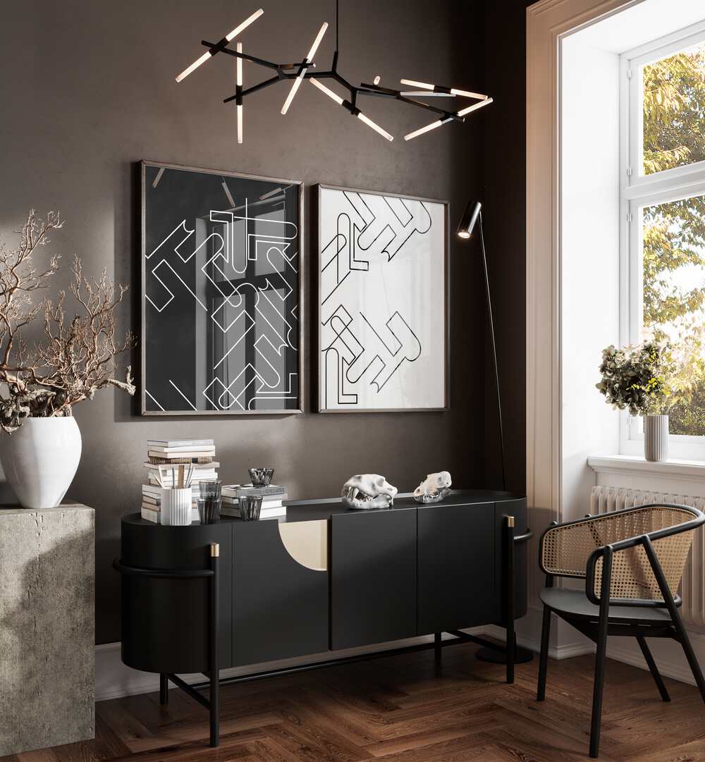 Stylish interior showcasing ABSTRACT LINE ART, SET OF 2 PAINTINGS for modern home decor elegance and sophistication.