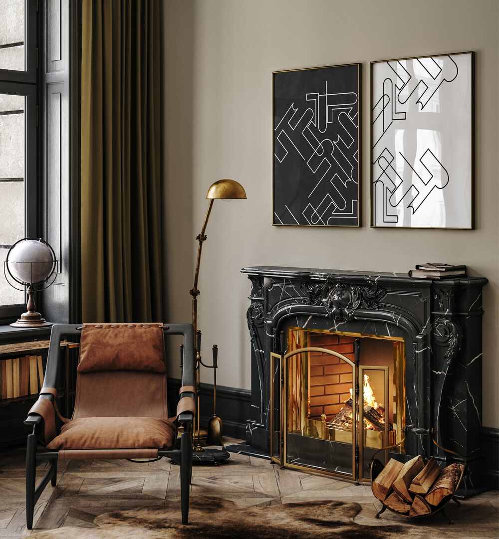 Stylish living room featuring ABSTRACT LINE ART, SET OF 2 PAINTINGS, enhancing modern decor with elegance.