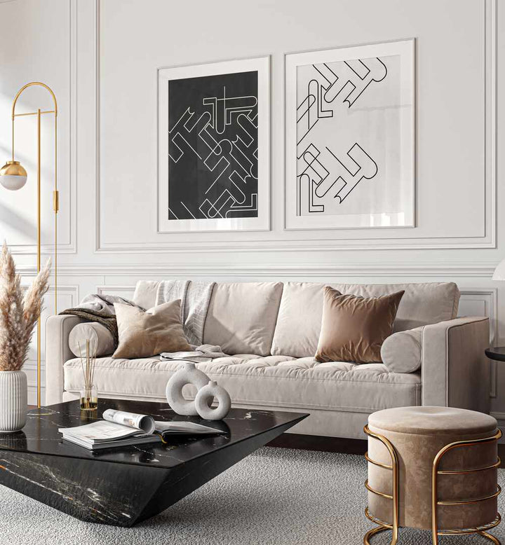 Stylish living room featuring ABSTRACT LINE ART, SET OF 2 PAINTINGS for modern home decor and minimalist aesthetics.