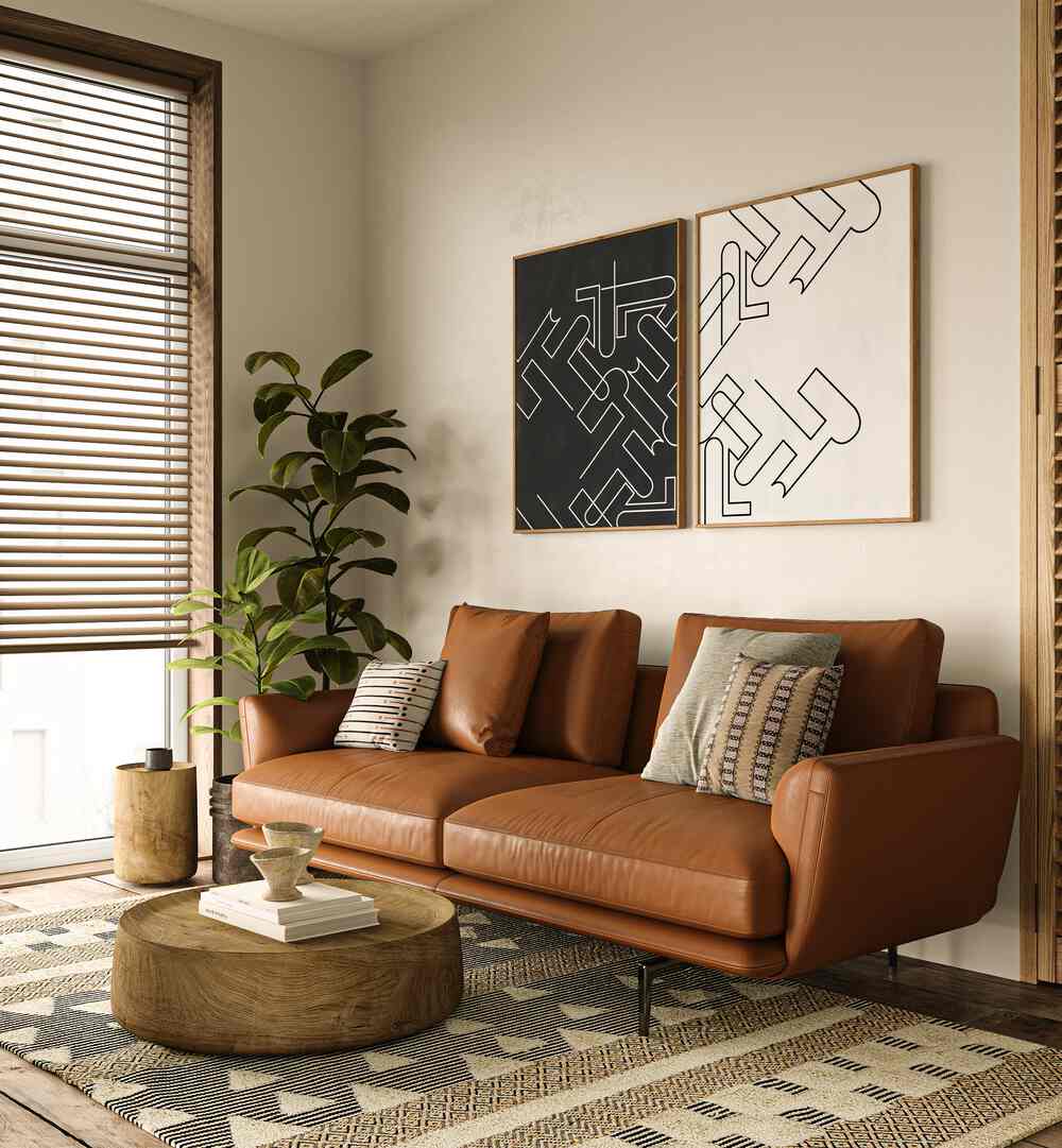 Stylish living room featuring ABSTRACT LINE ART, SET OF 2 PAINTINGS for modern home decor elegance.