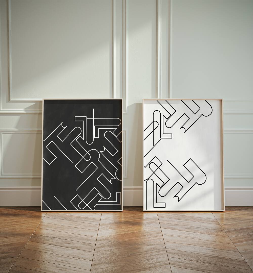 Stylish ABSTRACT LINE ART, SET OF 2 PAINTINGS in black and white, perfect for modern home decor elegance.