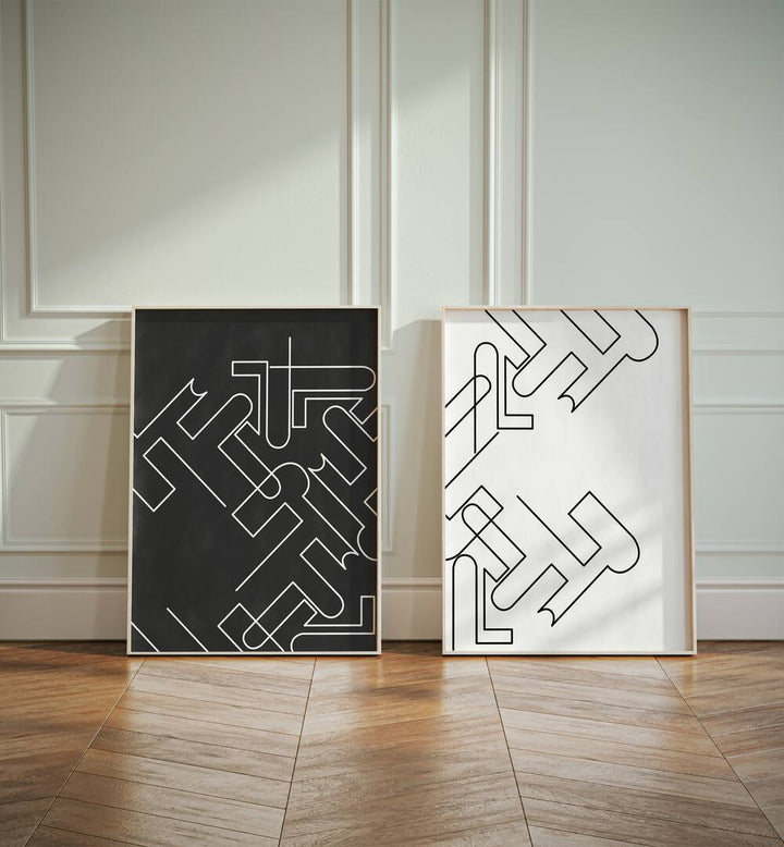 Stylish ABSTRACT LINE ART, SET OF 2 PAINTINGS in black and white, perfect for modern home decor elegance.
