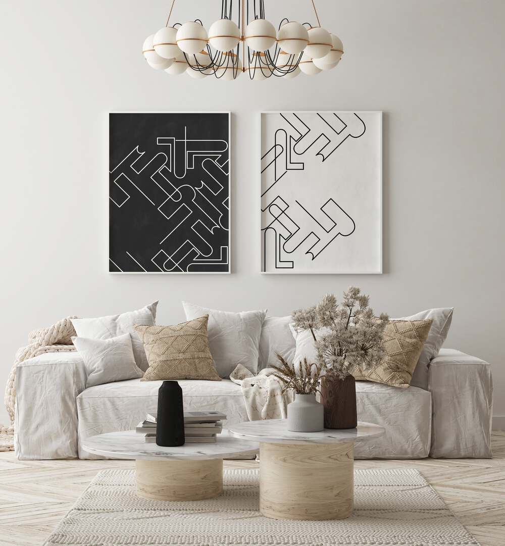 Stylish living room featuring ABSTRACT LINE ART, SET OF 2 PAINTINGS for modern home decor elegance.