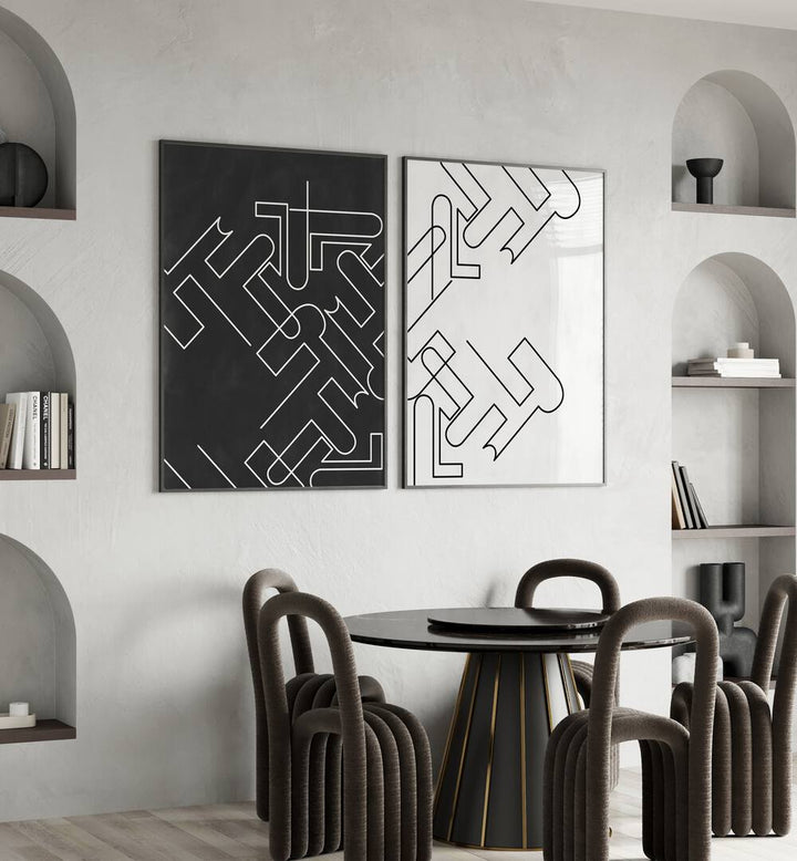 Modern living space featuring ABSTRACT LINE ART, SET OF 2 PAINTINGS in black and white for elegant home decor.