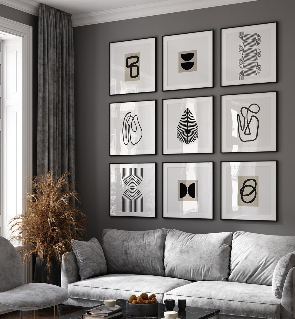 Stylish ABSTRACT MIX GALLERY WALL featuring Boho art prints, perfect for enhancing modern GALLERY WALLS in any space.