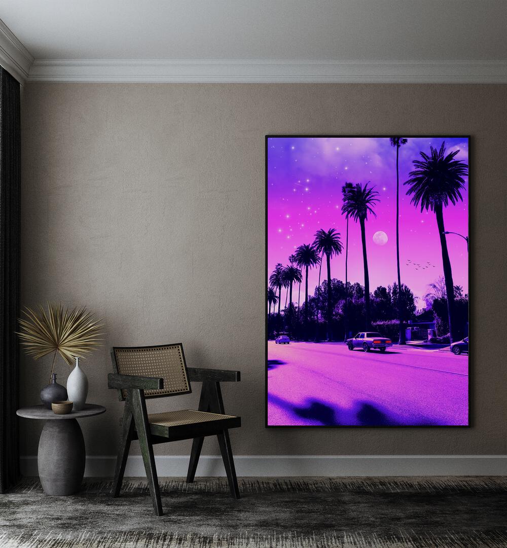 Transform your space with AESTHETIC CALI DRIVE, SURREAL ART PRINTS by Ritvik Takkar, featuring vibrant palm trees and a dreamy sky.
