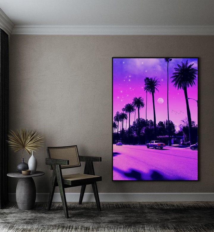 Transform your space with AESTHETIC CALI DRIVE, SURREAL ART PRINTS by Ritvik Takkar, featuring vibrant palm trees and a dreamy sky.