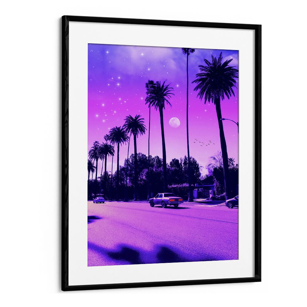 Aesthetic Cali Drive, surreal art prints by Ritvik Takkar, feature vibrant palm trees and a dreamy purple sky.
