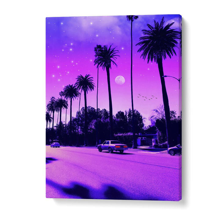 Transform your space with AESTHETIC CALI DRIVE, SURREAL ART PRINTS by Ritvik Takkar, featuring vibrant palm trees and night sky.