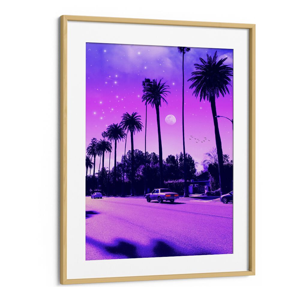 AESTHETIC CALI DRIVE, SURREAL ART PRINTS in a stylish oak frame, featuring vibrant colors and dreamy landscapes.