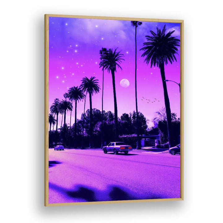AESTHETIC CALI DRIVE, SURREAL ART PRINTS by Ritvik Takkar captures a vibrant palm-lined street under a dreamy sky.