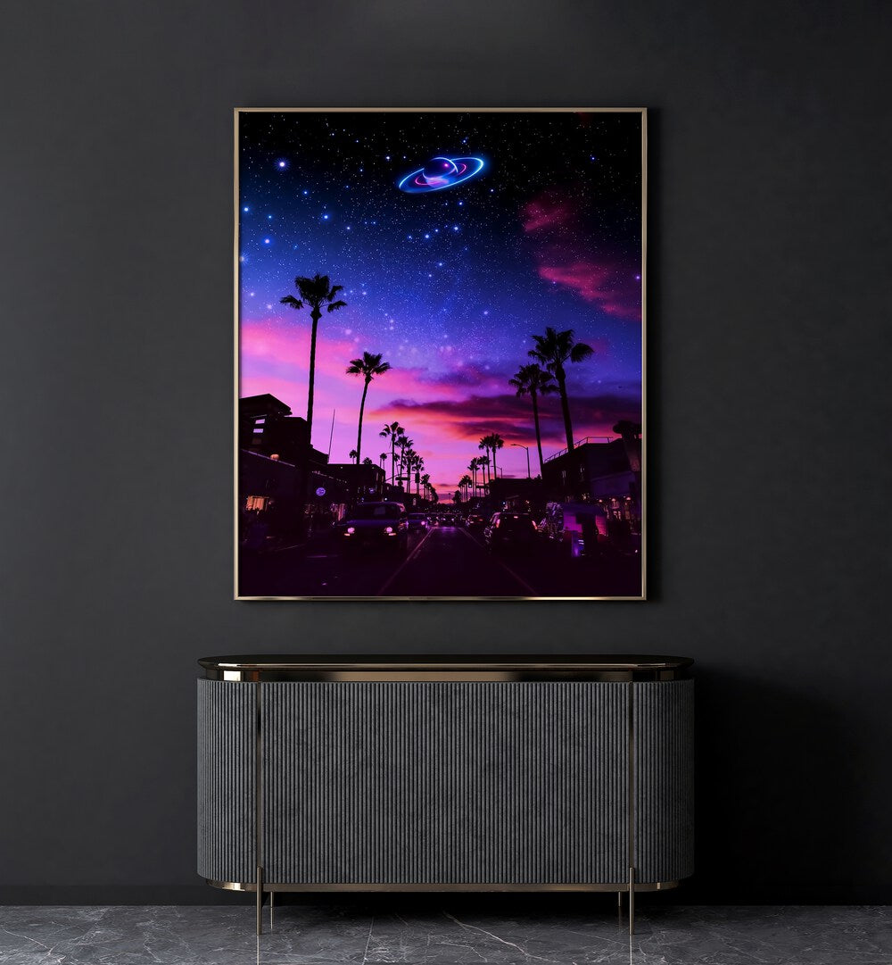 Aesthetic Night, Surreal Art Prints by Ritvik Takkar features a vibrant cosmic scene with palm trees at sunset.