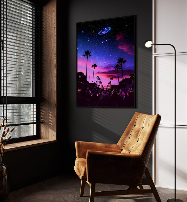 Aesthetic Night, Surreal Art Prints by Ritvik Takkar, showcasing a vibrant cosmic scene with palm trees and colors.