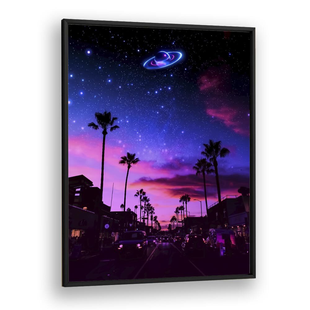 AESTHETIC NIGHT, SURREAL ART PRINTS showcase a vibrant sky with stars and palm silhouettes by Ritvik Takkar.