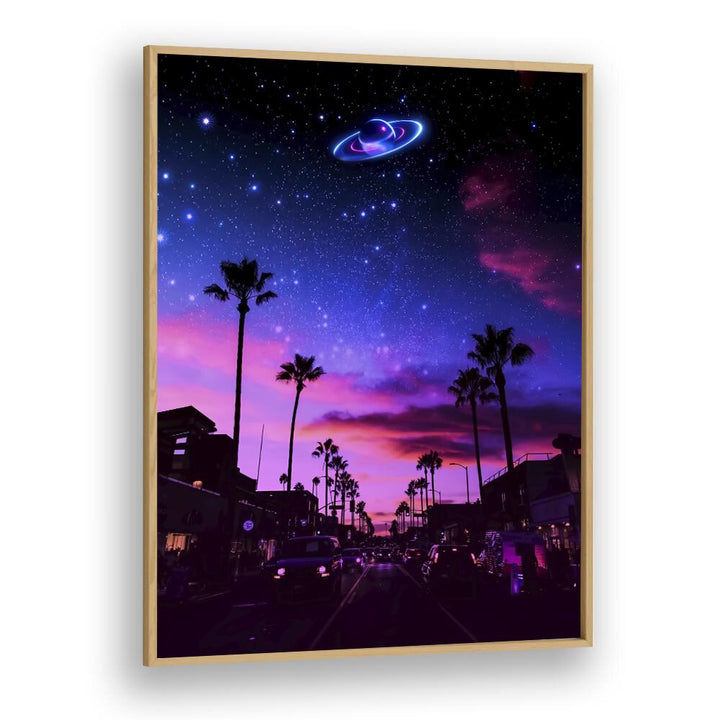 AESTHETIC NIGHT, SURREAL ART PRINTS showcase a vibrant night scene with palm trees and a cosmic sky by Ritvik Takkar.
