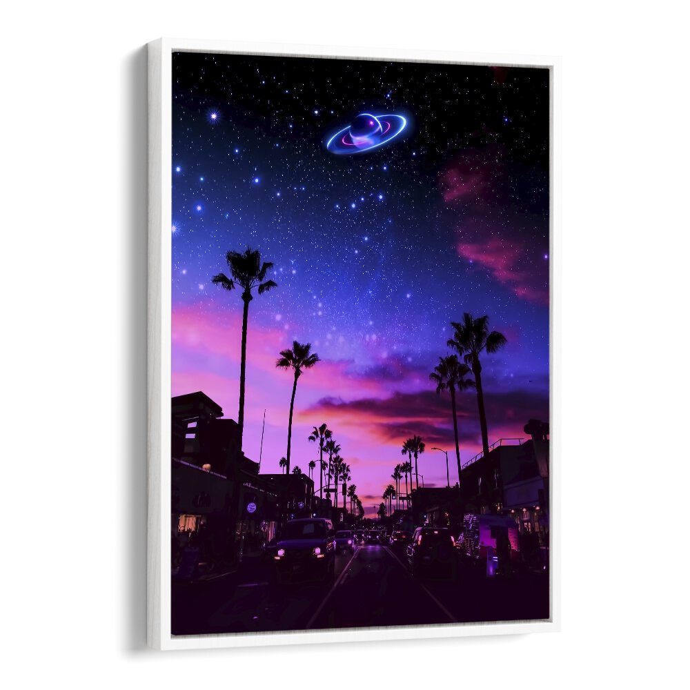 AESTHETIC NIGHT, SURREAL ART PRINTS by Ritvik Takkar features a vibrant cosmic scene with palm trees and a stunning sky.
