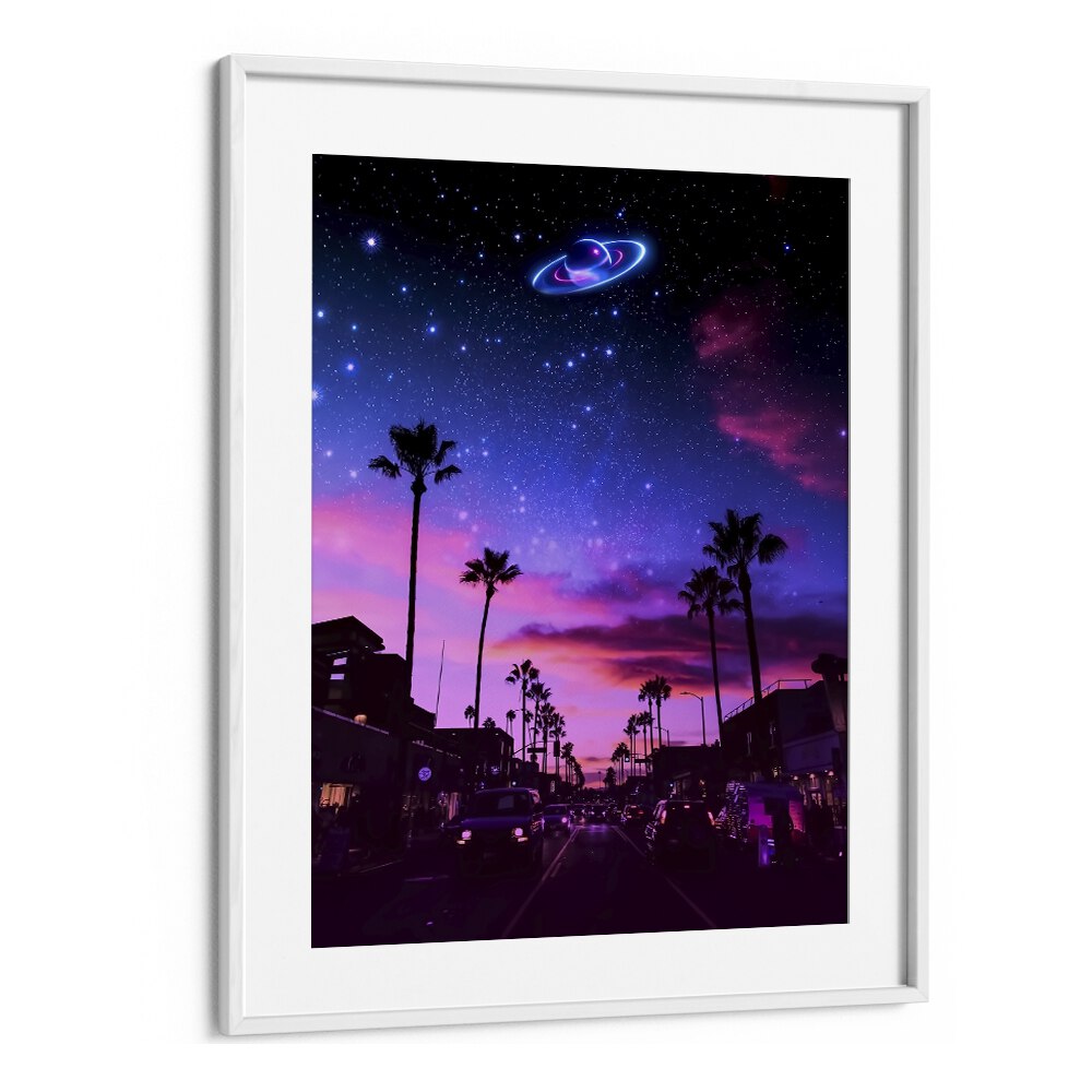 Framed AESTHETIC NIGHT, SURREAL ART PRINTS by Ritvik Takkar, showcasing a dreamy cosmic landscape at twilight.