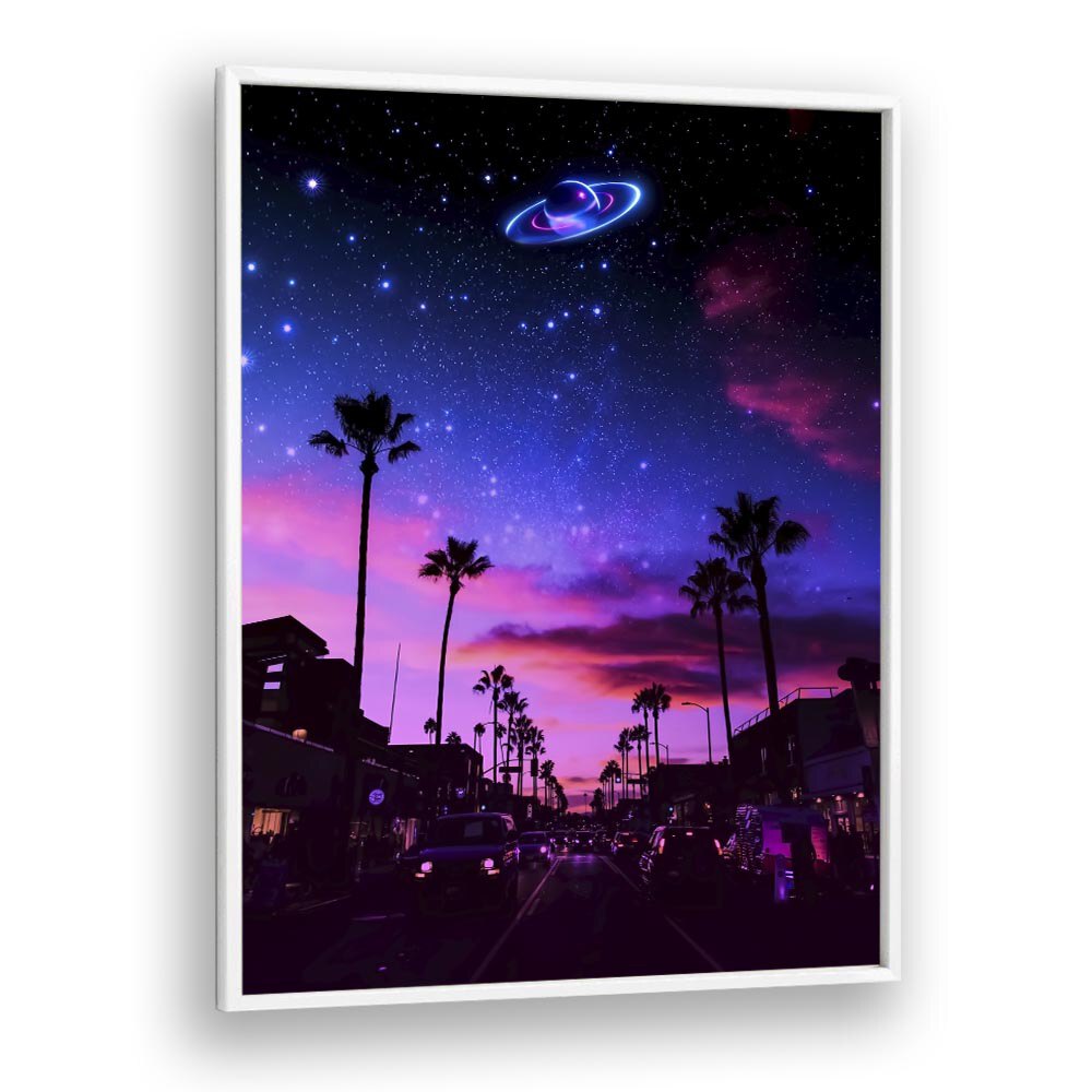 Stunning Aesthetic Night, Surreal Art Prints by Ritvik Takkar, capturing a vibrant cosmic scene with palm trees.