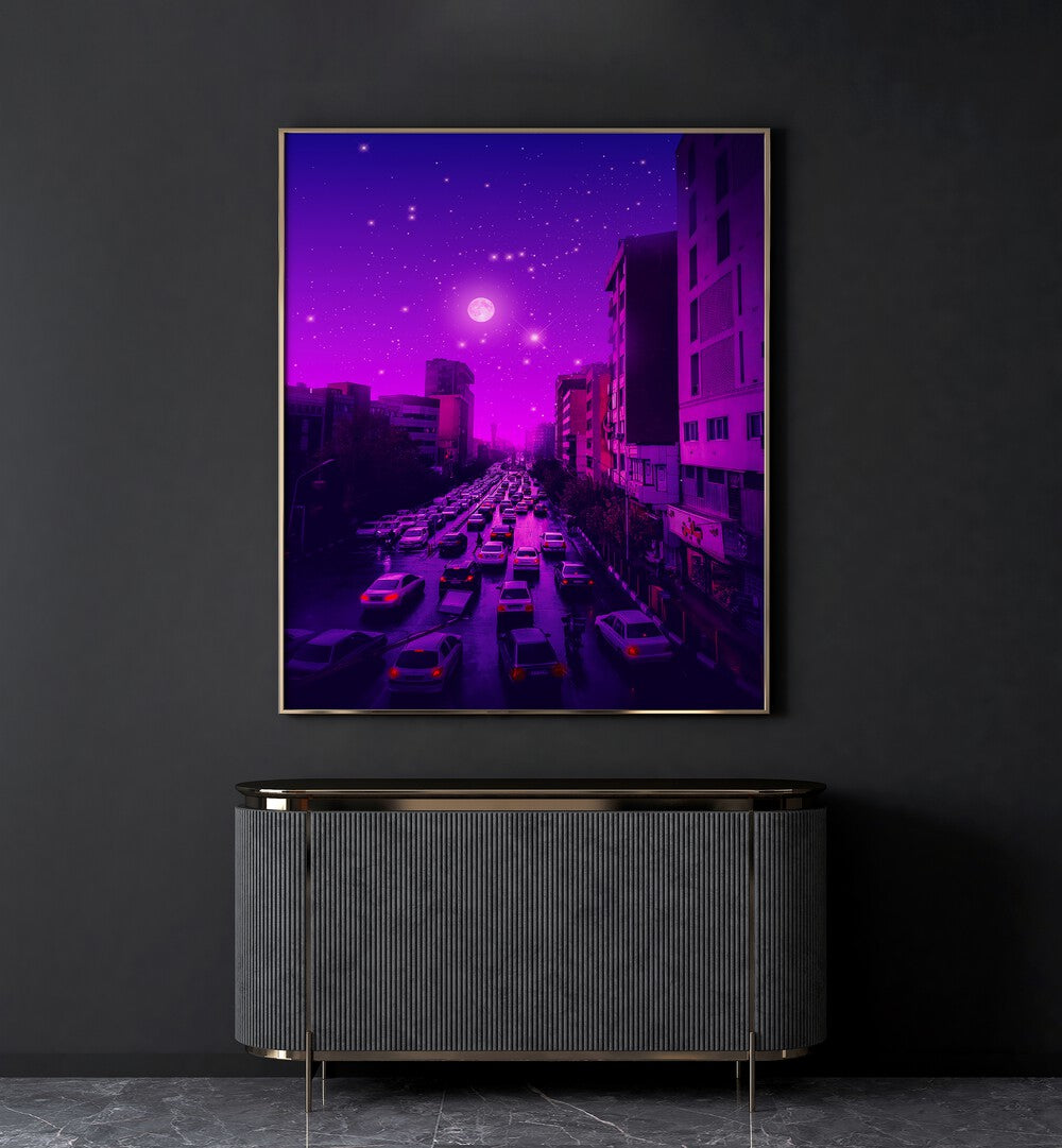 Aesthetic Tehran, Surreal Art Prints by Ritvik Takkar, showcasing vibrant cityscapes under a dreamy night sky.