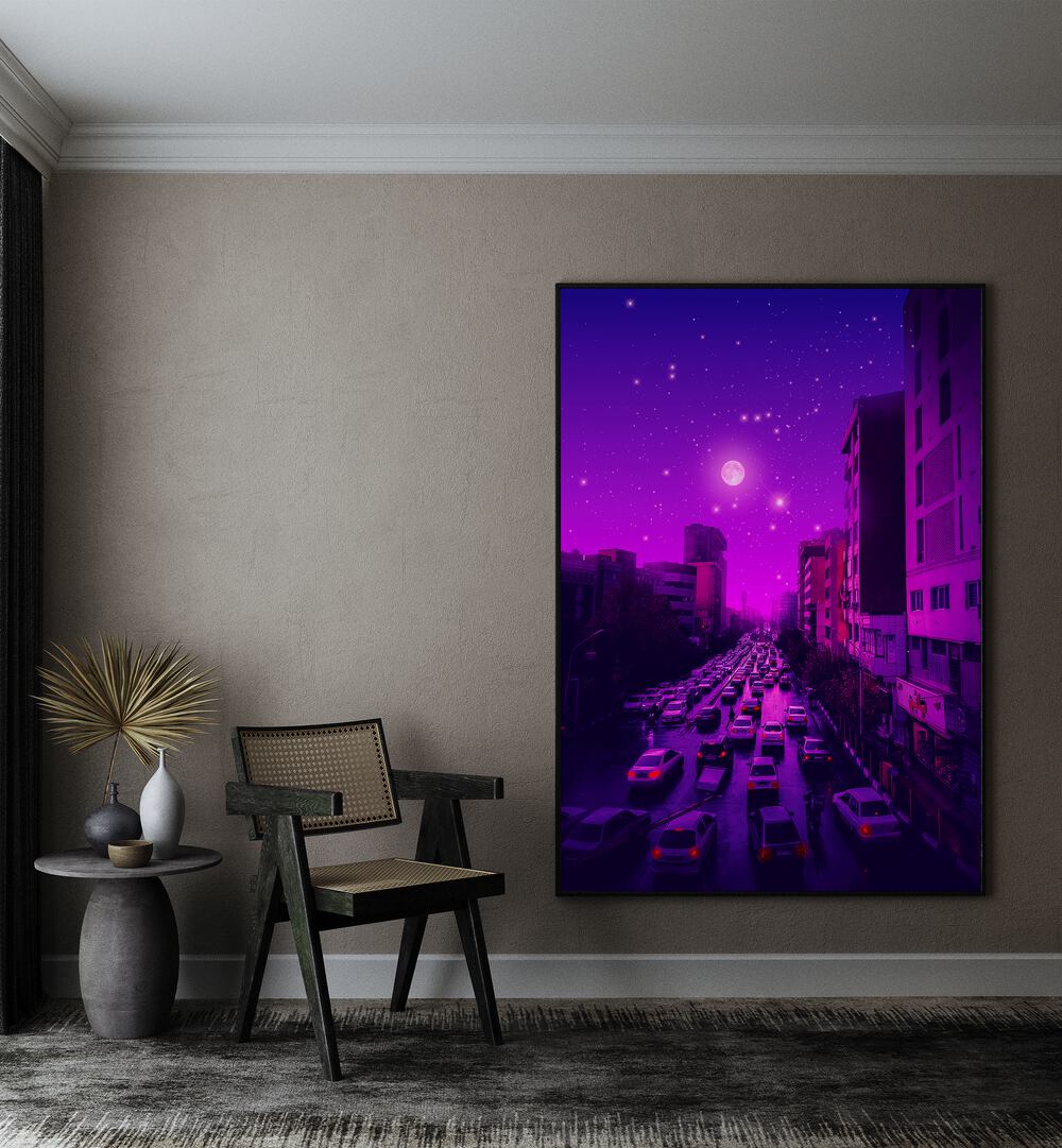 A vibrant scene of Aesthetic Tehran, Surreal Art Prints by Ritvik Takkar, showcasing urban beauty and dreamlike colors.