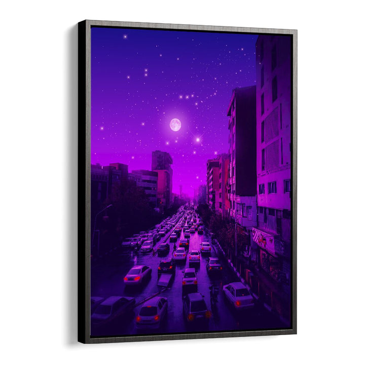 AESTHETIC TEHRAN, SURREAL ART PRINTS by Ritvik Takkar showcase a dreamy urban landscape in vibrant purple hues.