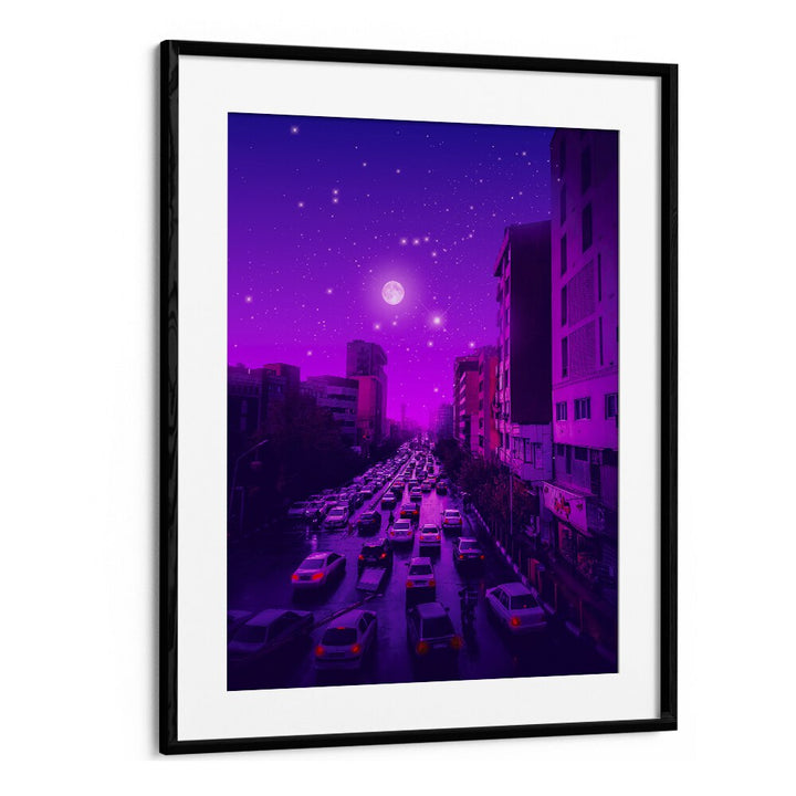 AESTHETIC TEHRAN, SURREAL ART PRINTS featuring a vibrant city scene by Ritvik Takkar in a striking black frame.